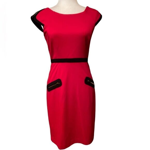 London Times Sheath Dress Size 6 Red & Black Stretch - Picture 1 of 11